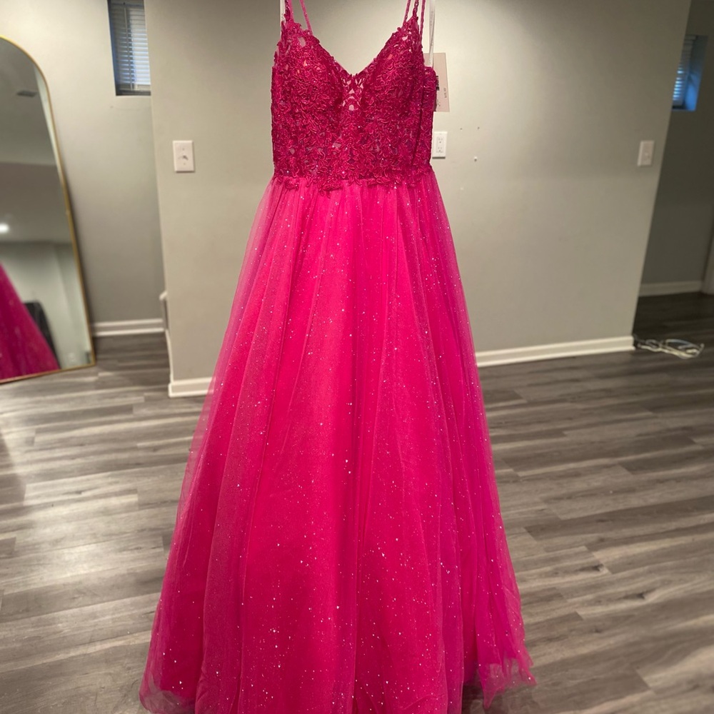 JVN by Jovani Vibrant Pink Gown with Glitter Accents